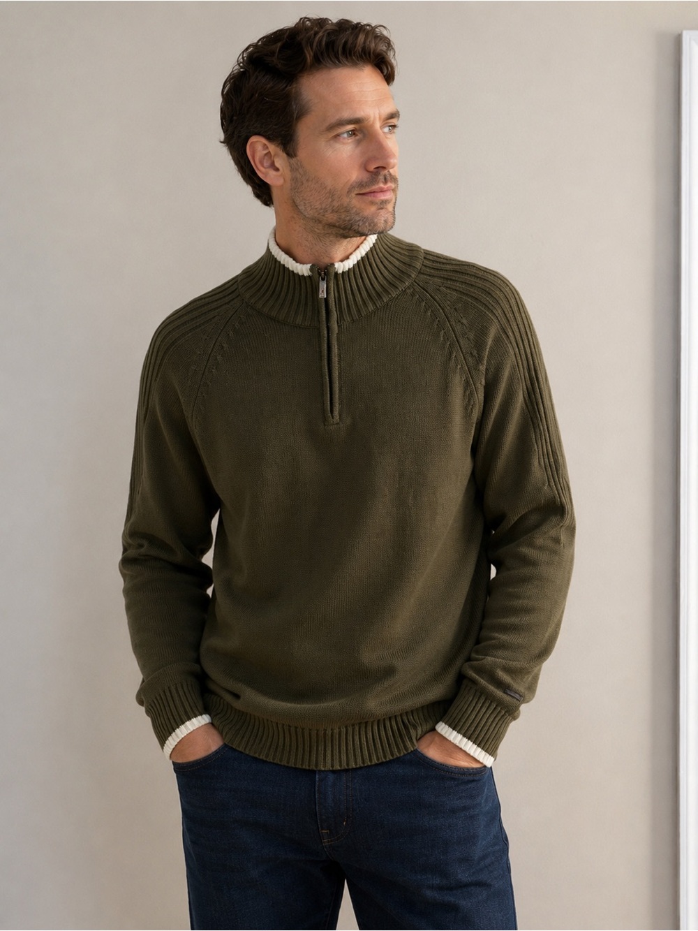 COLUMBIA || Men’s Olive Green Quarter-Zip Knit Sweater. Sz. L